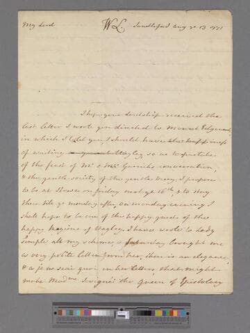 Montagu, Elizabeth (Robinson). Letter to George Lyttelton, 1st Baron Lyttelton of Frankley