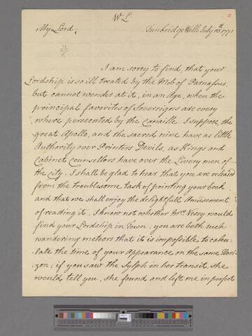 Montagu, Elizabeth (Robinson). Letter to George Lyttelton, 1st Baron Lyttelton of Frankley