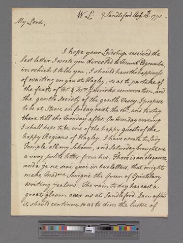 Montagu, Elizabeth (Robinson). Letter to George Lyttelton, 1st Baron Lyttelton of Frankley
