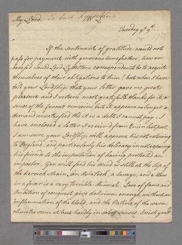 Montagu, Elizabeth (Robinson). Letter to George Lyttelton, 1st Baron Lyttelton of Frankley