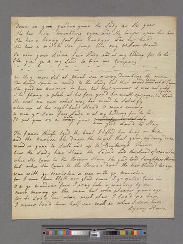 [Unknown author]. "Down in your garden green the Lady as She goes": [a poem in 4 stanzas]