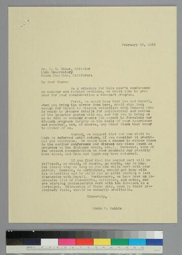 EPH writes to astronomer Donald Shane