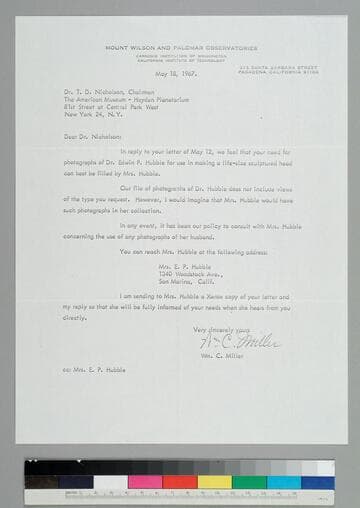 William Miller of the Mt. Wilson and Palomar Observatories writes to T. D. Nicholson of the Hayden Planetarium