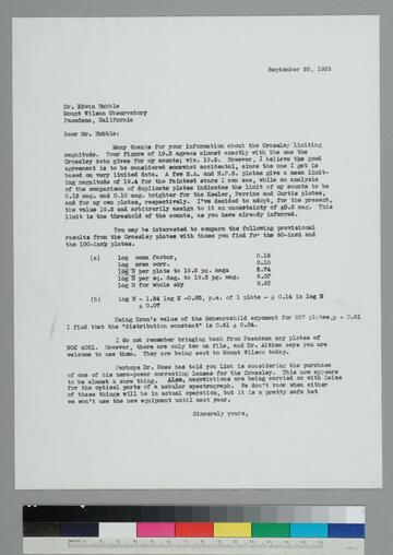 Astronomy graduate student Nicholas Mayall writes to EPH regarding the limiting magnitude numbers found by Mayall and EPH