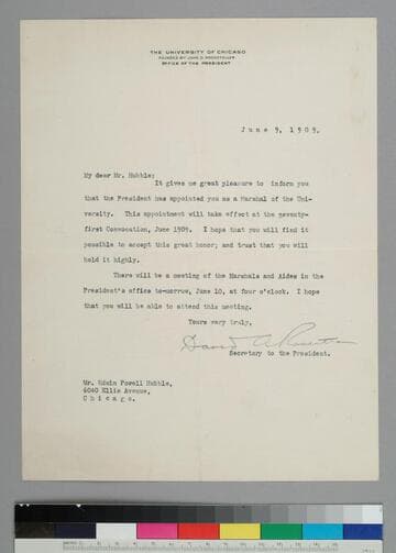 The Secretary to the President, University of Chicago, writes to EPH