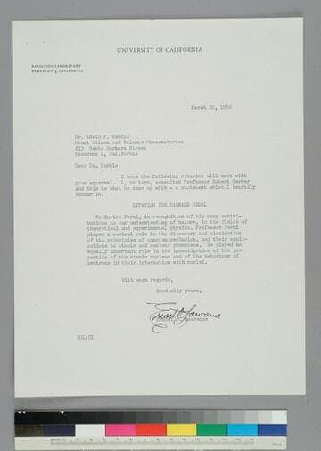 Ernest Lawrence, of the University of California and member of the National Academy of Sciences Barnard Medal Committee, writes to EPH