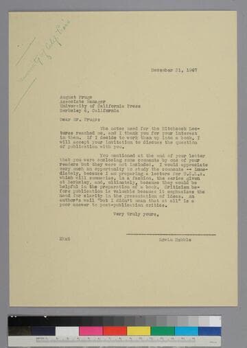 EPH writes to August Frugé of the University of California Press