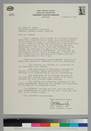 Charles Harris, Major General, Ordnance Department, Aberdeen Proving Ground, writes to EPH