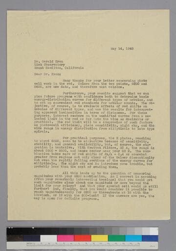 EPH writes to astronomer Gerald Kron of the Lick Observatory