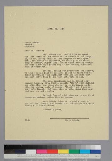 EPH writes to Harry Jordan of the Rio Blanco Ranch