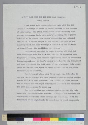 A short essay by EPH, probably a press release, describes the success of the 200-inch Hale Telescope