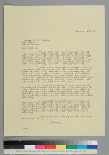 EPH writes to Harry Plaskett of New College