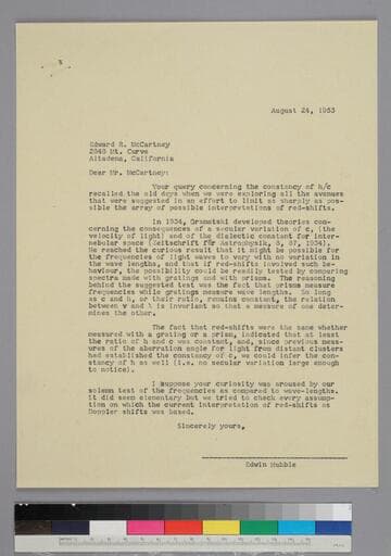 EPH writes to Edward McCartney regarding theories about red-shifts