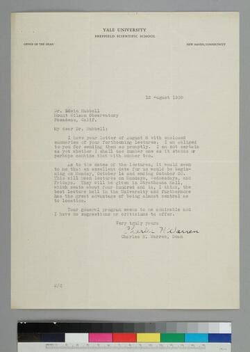 Charles H. Warren, Chairman, Committee on Silliman Lectures, Yale University, writes to EPH