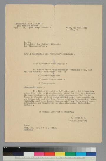 A form letter from the Akademie der Wissehschaften