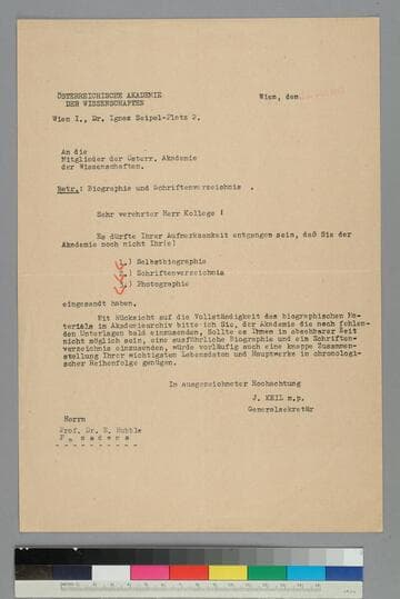 A form letter from the Akademie der Wissehschaften