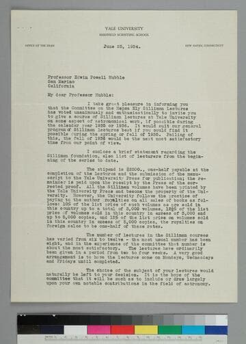 Charles H. Warren, Chairman, Committee on Silliman Lectures, Yale University, writes to EPH