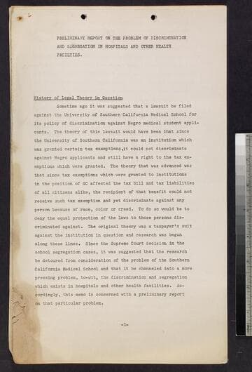 Preliminary Report on the Problem of Discrimination and Segregation in Hospitals and other Health Facilities