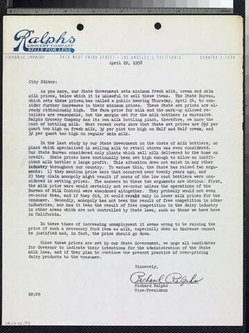 Letter by Ralphs re: milk prices