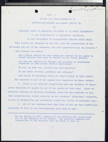 Report and Recommendations of Whitter-University Elementary School PTA to Berkeley Board of Education