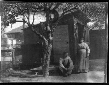 William and Mary Benson outside their house at the back of Nicholson's property, Pasadena, winter of 1906-07