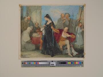 Man Offering his Sword to a Lady Beside a Coffin