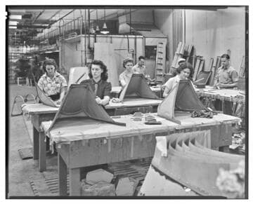 Airplane construction, women at work, Vultee production Line