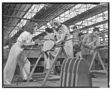 Airplane construction, women at work, Vultee production Line