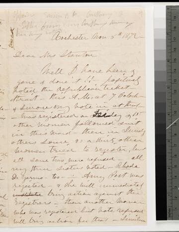 Susan B. Anthony writes to fellow suffragist Elizabeth Stanton about her vote