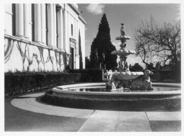 Library building and fountain, circa 1930