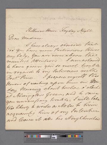 Petty, William, 1st Marquis of Lansdowne. Letter to Elizabeth (Robinson) Montagu