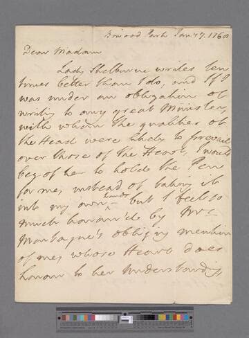 Petty, William, 1st Marquis of Lansdowne. Letter to Elizabeth (Robinson) Montagu