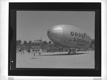 Goodyear blimp on the beach, Santa Monica