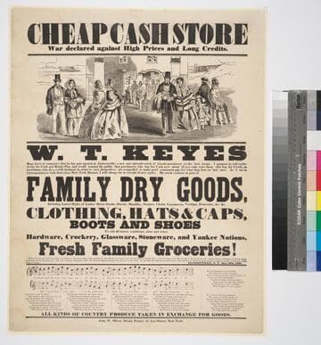 Cheap cash store war declared against high prices and long credits. W.T. Keyes