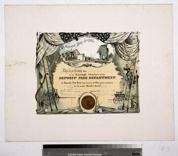 Organized July 13th 1885. This is to certify that W. H. Conron is an exempt member of the Deposit Fire Department of Deposit, New York