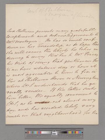 Petty, William, 1st Marquis of Lansdowne. Letter to Elizabeth (Robinson) Montagu