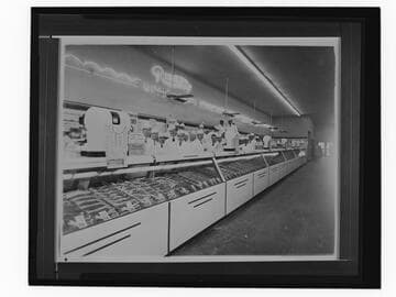 Meat counter and butchers at Roberts Market, West Los Angeles