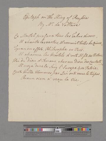 Voltaire, Francois Marie Arouet. Epitaph on the King of Prussia: [a poem in 8 lines]