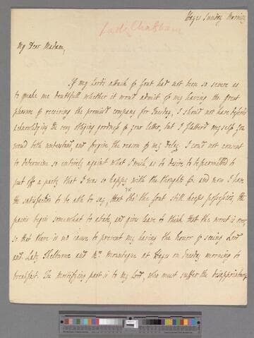 Pitt, Hester (Grenville), Countess of Chatham & suo jure Baroness Chatham. Letter to Elizabeth (Robinson) Montagu