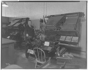 Linotype machines in print shop with Mr. Smith