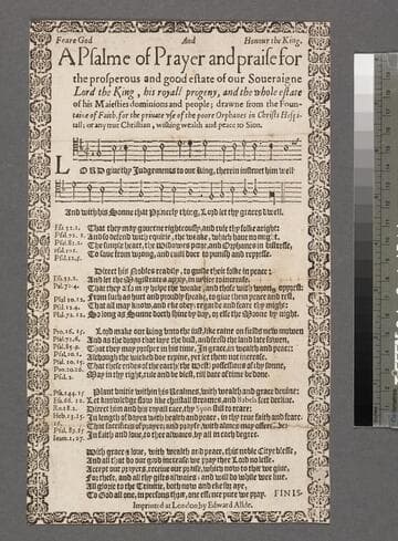 A psalme of prayer and praise for the prosperous and good estate of our soueraigne lord the King, his royall progeny, and the whole estate of his Maiesties dominions and people drawne from the fountaine of faith, for the priuate vse of the poore orphanes in Christs Hospitall or any true Christian, wishing wealth and peace to Sion