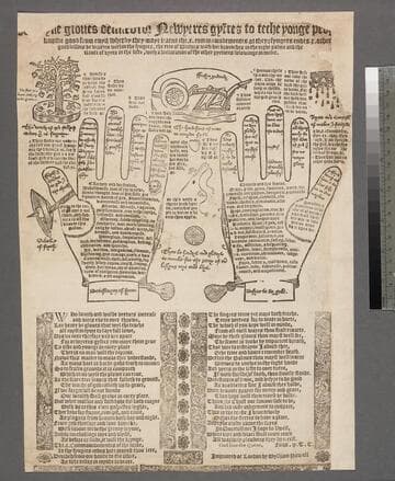 [Some f]yne gloues deuised for Newyeres gyftes to teche yonge peop[le to] knowe good from euyll wherby they maye learne the. x. commaundementes at theyr fyngers endes. x. other good lessons be written within the fyngers, the tree of vertues with her braunches in the right palme and the route of vyces in the lefte, with a declaration of the other pyctures folowinge in meter