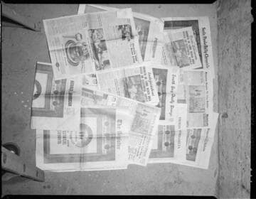 Collage of newspaper articles on "Electric Living", and reporter at work