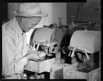 Man cutting and polishing rocks with 3 variants on lapidary activities