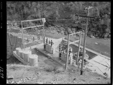 Big Creek - Mammoth Pool - Oil tanks and transformer and generator housing from hillside diversion cut