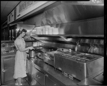 Waitress grilling burgers in kitchen of cafe