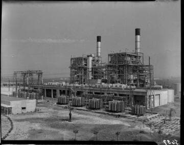 Profile shot of Etiwanda Generating Station with part of the control building on the left the station units on the right