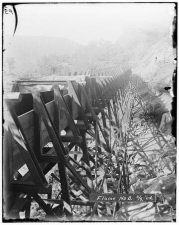 A close-up view of flume #8 of Kaweah #2 Hydro Plant, June 5, 1904