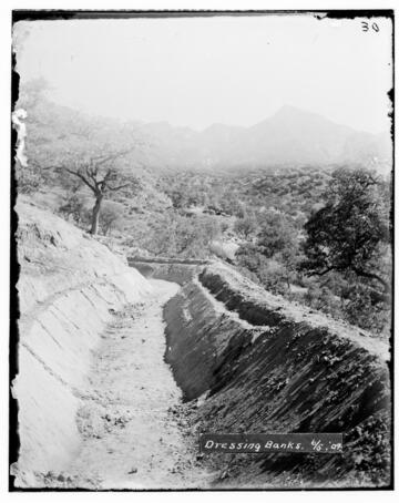 Dressing banks of Kaweah #2 Hydro Plant showing hills and plants