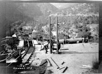 A construction crew at the end of the tramway at Kaweah #3 Hydro Plant